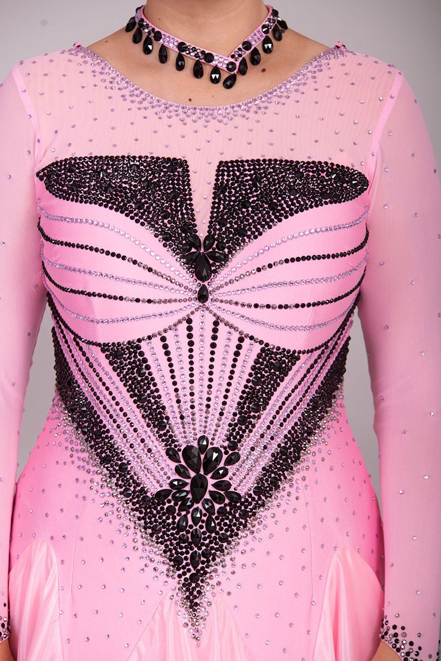 33B “TWD ELITE” Absolutely Stand Out Ballroom/Sequence Competition Dance Dress. Pink & Black Ombre stoned in Jet, Light Rose & Light Rose AB. Detachable Floats.  High Back to give option of wearing own bra