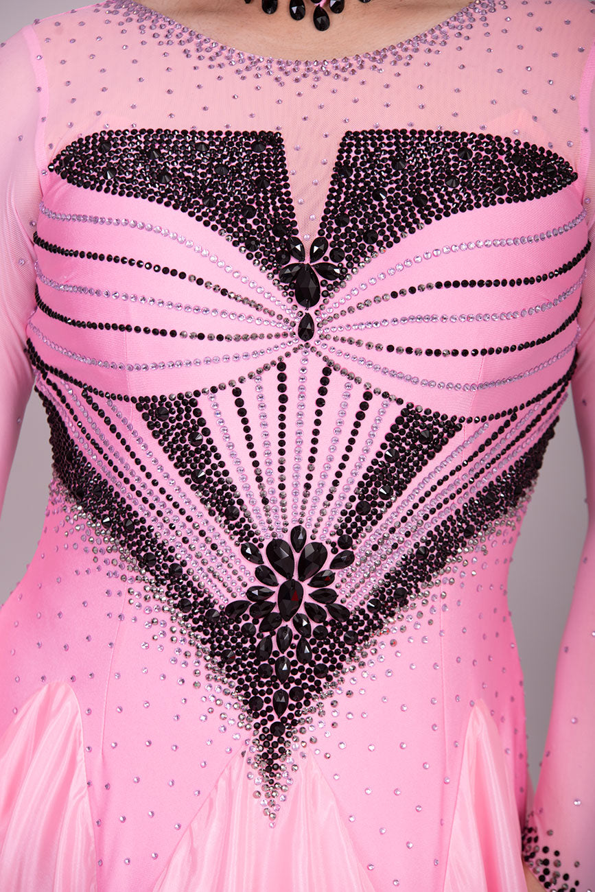 33B “TWD ELITE” Absolutely Stand Out Ballroom/Sequence Competition Dance Dress. Pink & Black Ombre stoned in Jet, Light Rose & Light Rose AB. Detachable Floats.  High Back to give option of wearing own bra