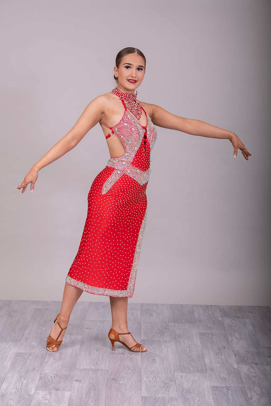 025 Red Trio - Latin Dress with Red Motif & AB stones. Ballroom Skirt with x4 arm floats and AB stoned belt