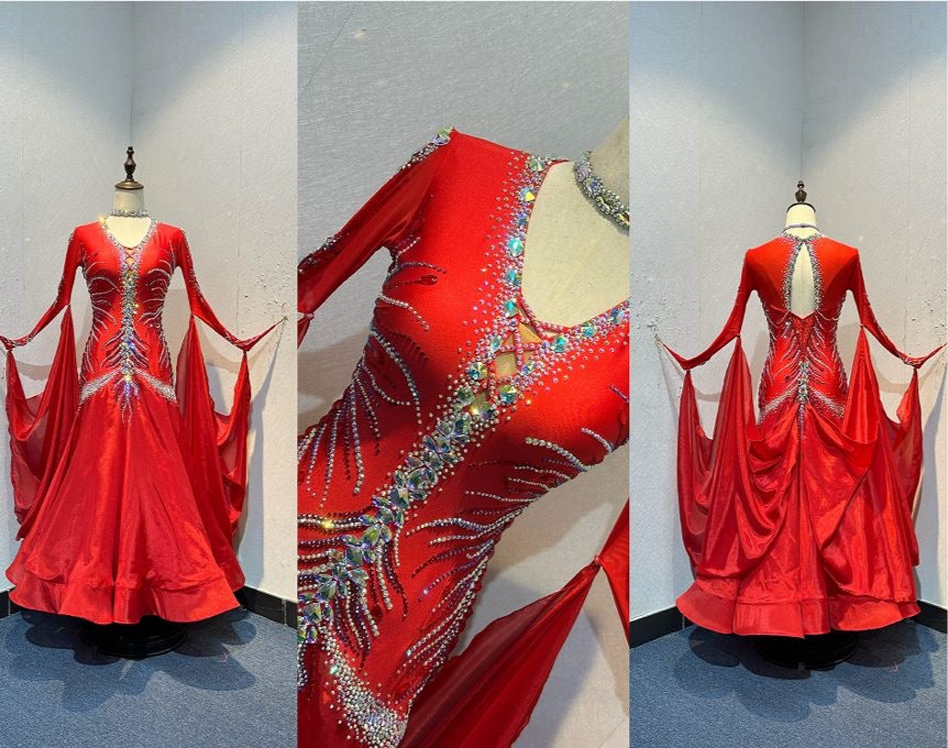 59B TWD PETITE Beautiful Red Competition Ballroom/Sequence Dance Dress. Stoning in AB, Light Siam & Jet. ❤️Showroom Appointments Available❤️