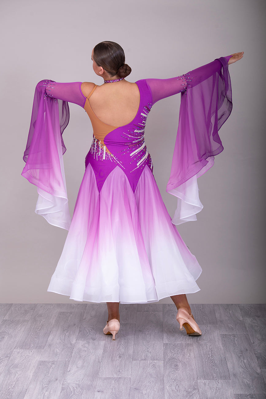 055 Bright Magenta & White Competition Ballroom Dress. Ombré Bell sleeve detail. Stoned in Rose, Rose AB & AB