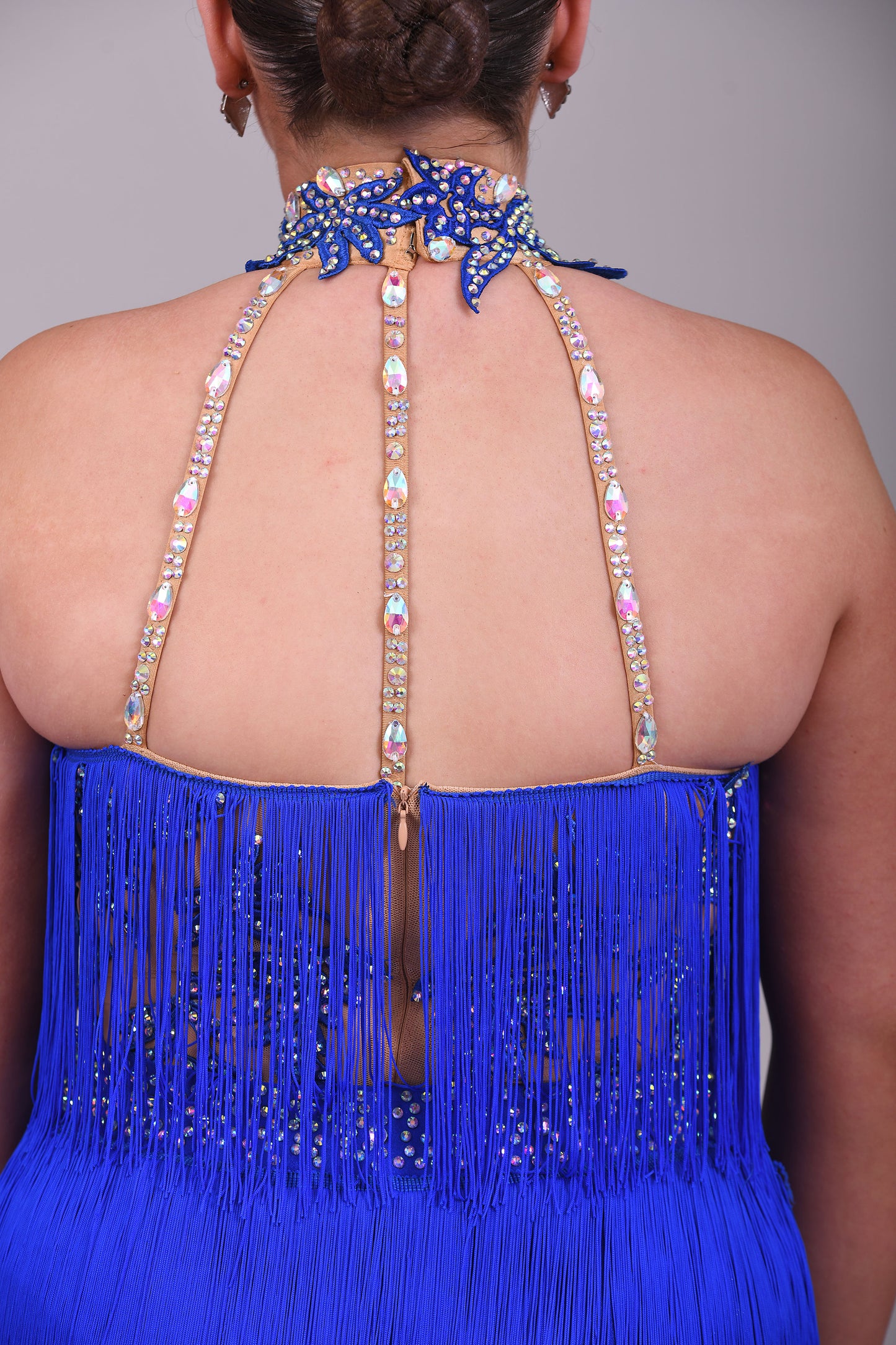 221 Bright Royal Blue Fringed Leotard & separate fringe skirt. Appliqué detailing to the waistband & Collar with flesh Lycra panels to the sides decorated in appliqué. All stones are AB & Sapphire.