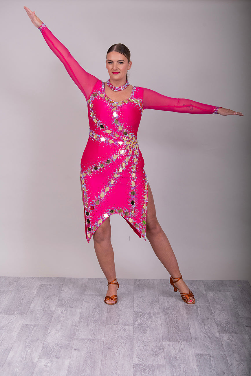 159 Cerise Latin Dance Dress decorated with Gold mirrors and Fuschia ab stones