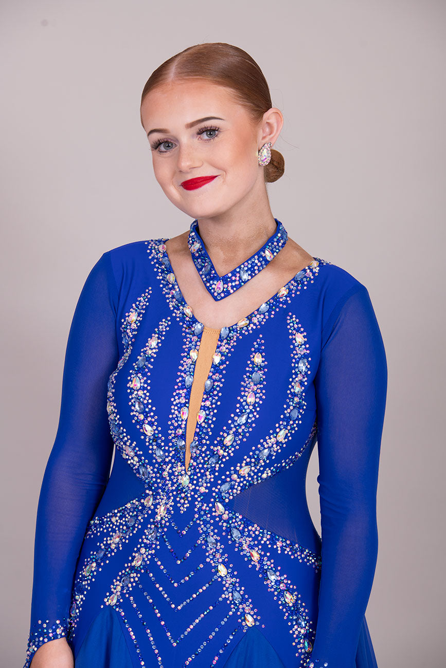 54B Royal Blue Competition Dance Dress. Filled in back to give option of wearing own Bra. Stoned in Sapphire, light sapphire & AB. ❤️Showroom Appointments Available❤️