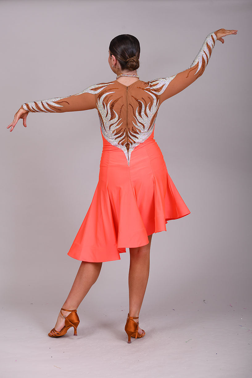 228 Orange & Tan Latin Dress. Heavy decoration design to the front & back. Small split to the left front side. High back with zip. Stoned in smoked topaz & AB