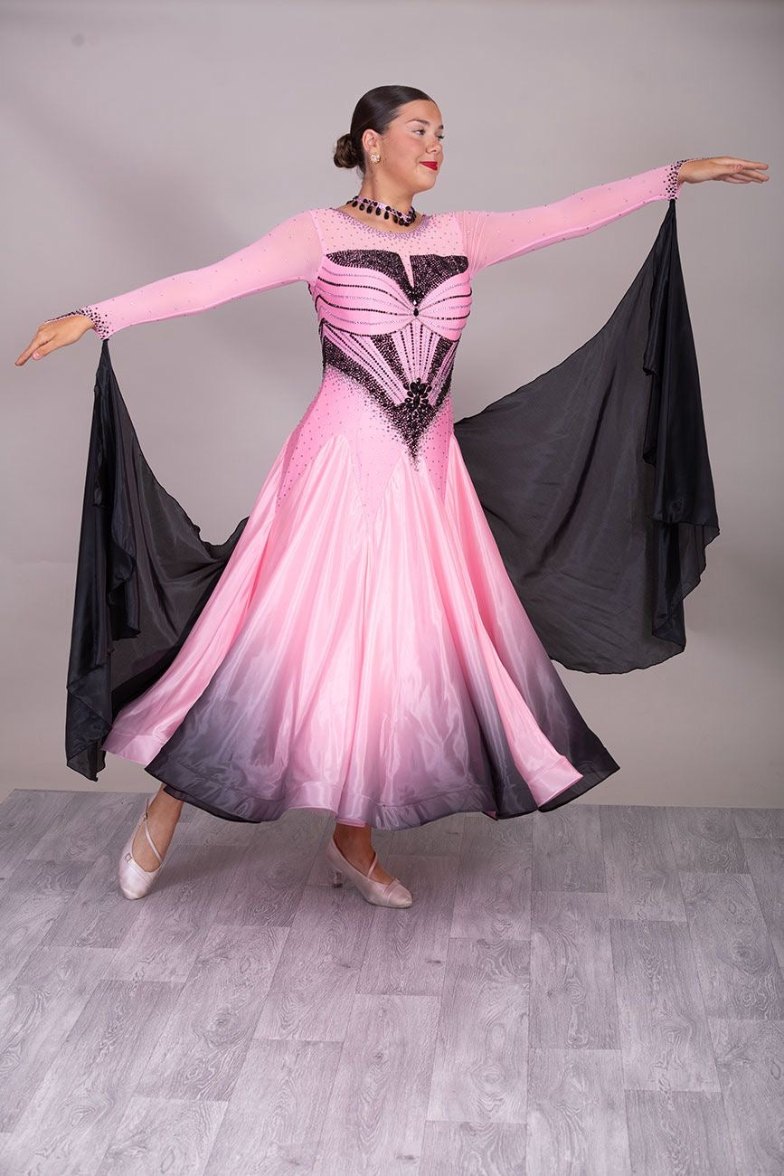 33B “TWD ELITE” Absolutely Stand Out Ballroom/Sequence Competition Dance Dress. Pink & Black Ombre stoned in Jet, Light Rose & Light Rose AB. Detachable Floats.  High Back to give option of wearing own bra
