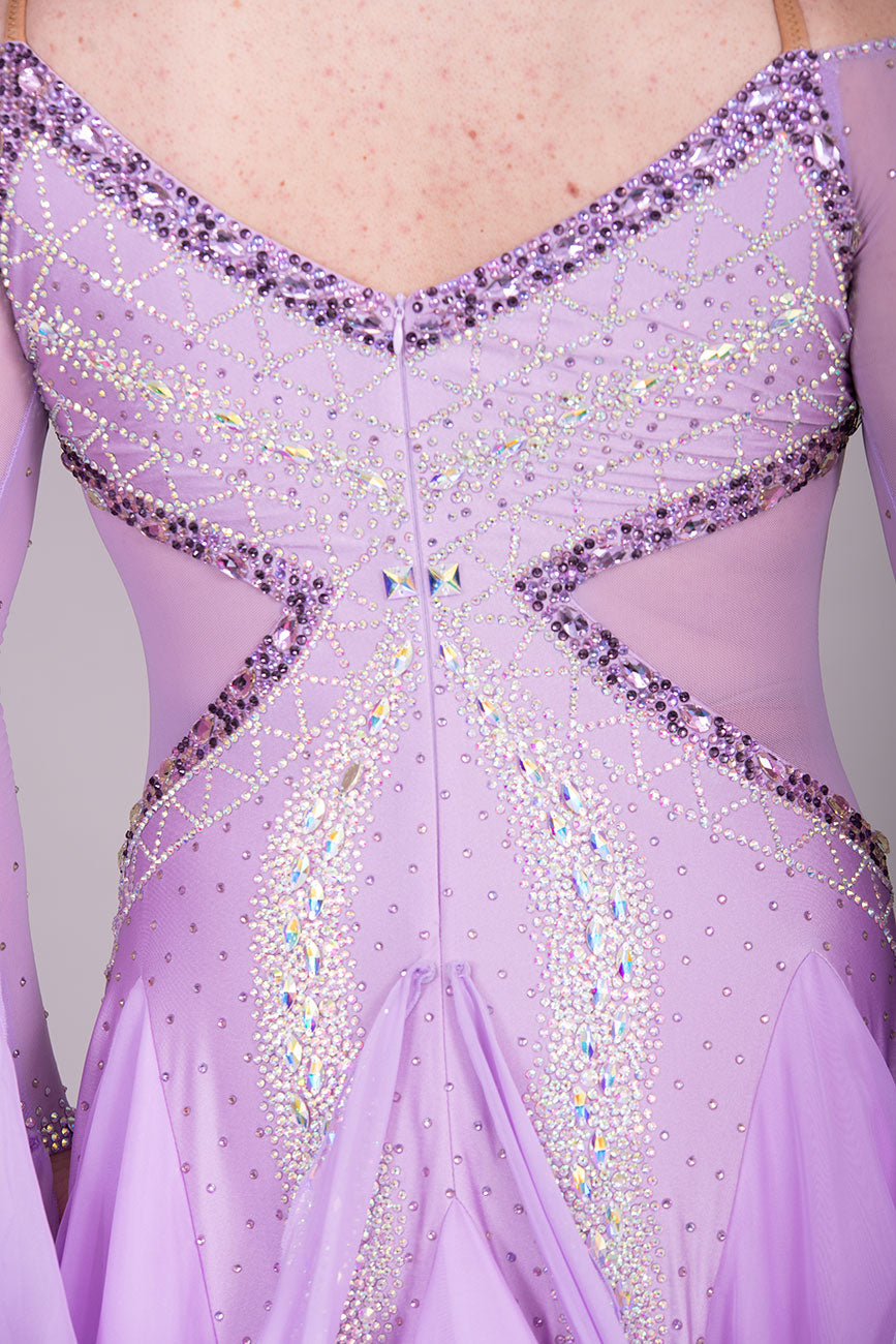 32B Lilac Competition Ballroom/Sequence Dance Dress. Detachable Floats. Detailed stone pattern in AB, Amethyst, Amethyst AB & purple velvet.  High Back to give option of wearing own bra