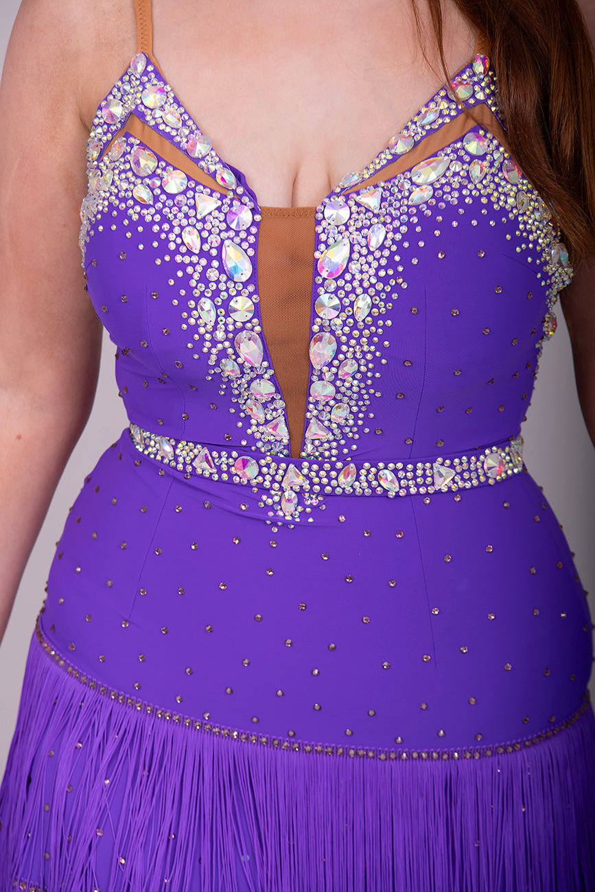 024 Cadbury Purple Fringed skirt Latin Dress. Detachable belt. Stoned in AB stones with tan panel to the chest.