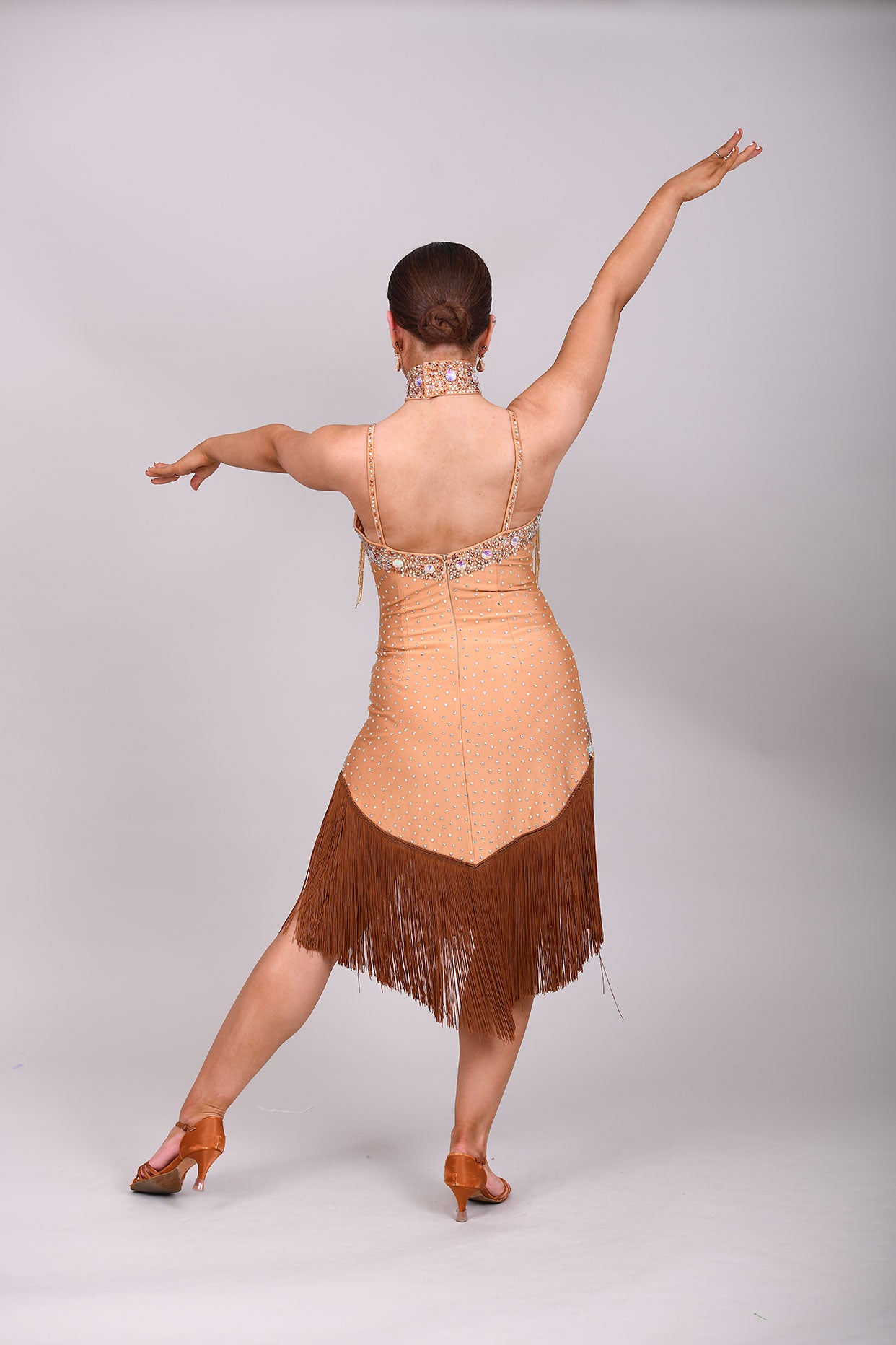 049 Light Gold & Chocolate Fringed Latin Dress. Bugle beading detail to the chest & hips. Stoned in Aurum, smoked topaz & sunshine.