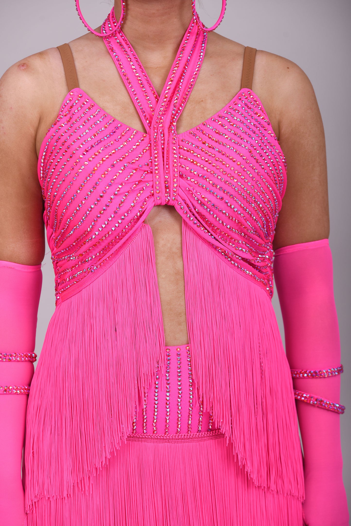 292 Flo Pink full pink fringed Latin dress. Open front detail with gloves, Decorated with Rose stones