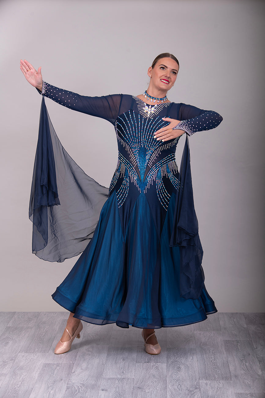 263 Midnight Blue Ballroom Dance  Dress. Heavily stoned in AB, Capri Blue AB & Capri Blue. Detachable floats