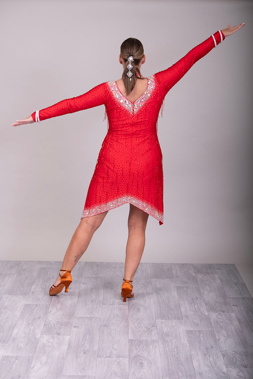 305 Striking Rich Red Latin Competition Dance Dress. Very Flattering style Dress. Red bead droppers all over with Siam stones. Heavily decorated with AB
