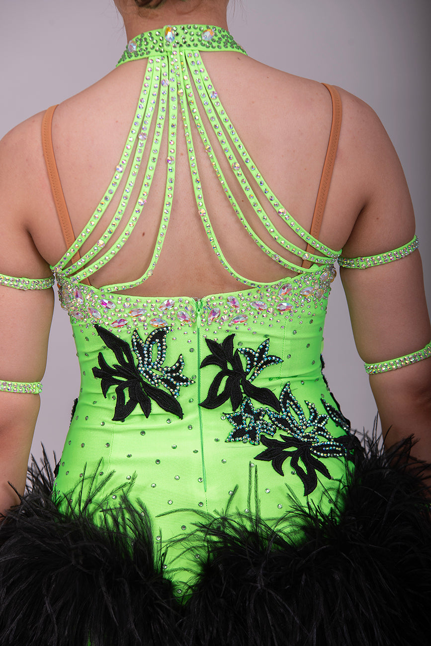 343 Flo Green & Black Latin Dress with keyhole halter neck detail. Strapping design to the back. Full ostrich feather skirt. Decorated with black motifs & stoned in Het AB & AB Boa is hand stitched so could be rearranged