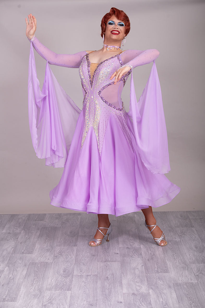 32B Lilac Competition Ballroom/Sequence Dance Dress. Detachable Floats. Detailed stone pattern in AB, Amethyst, Amethyst AB & purple velvet.  High Back to give option of wearing own bra
