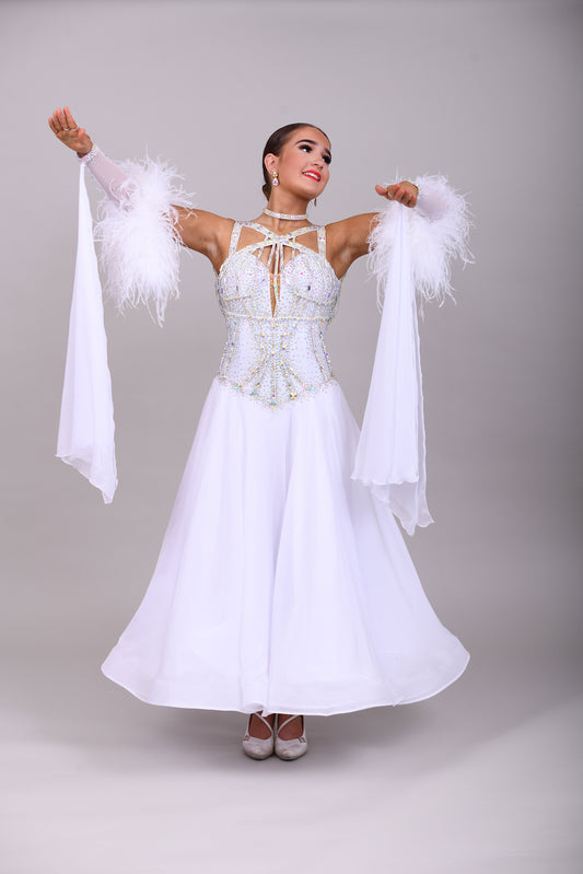 013 White Competition Ballroom/Sequence Dance Dress. Striking detailing to both the front & Back. Stoned in AB and sunshine. Cones with gloves, floats & Ostrich Boa cuffs.