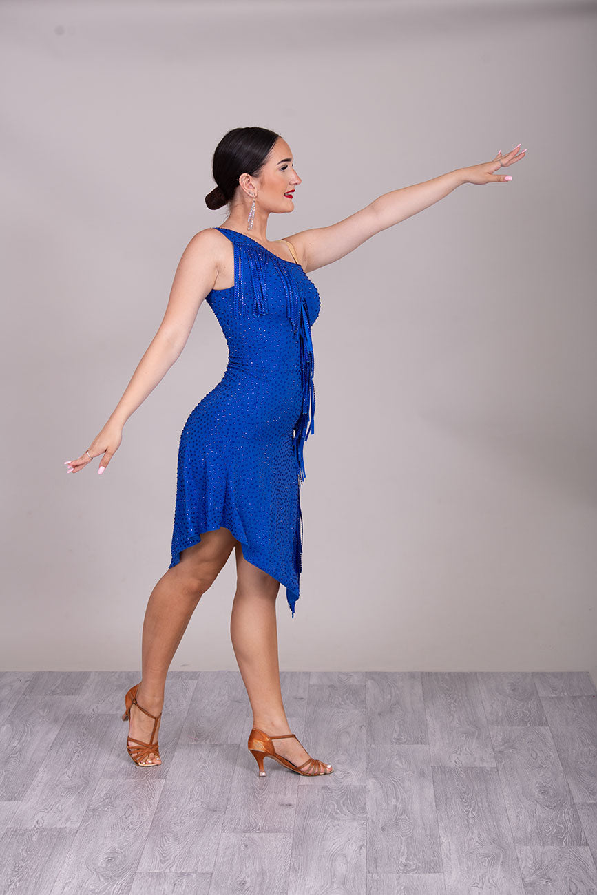 132L BUDGET (21) Royal Blue Competition Latin Dance Dress. Diagonal fringe detail to upper body with diagonal skirts  Stoned in Sapphire. ❤️Showroom Appointments Available❤️