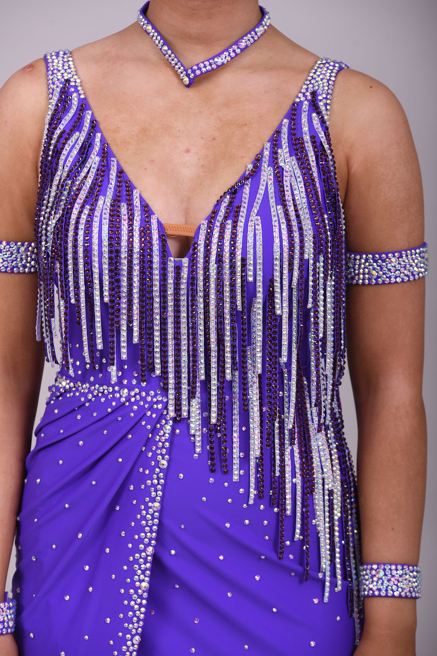 155 Purple stoned tassel fringed Latin Dress. Stoned in AB & Amethyst and purple