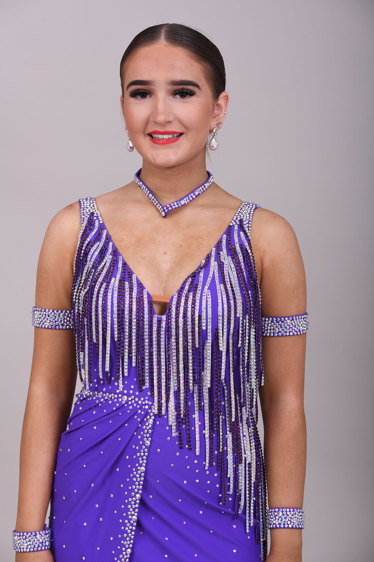 155 Purple stoned tassel fringed Latin Dress. Stoned in AB & Amethyst and purple