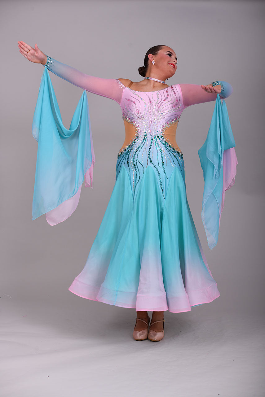 01130 Light Aqua & Baby Pink Ombre Competition Ballroom Dance Dress. Stone with AB & Fuschia. Detachable floats