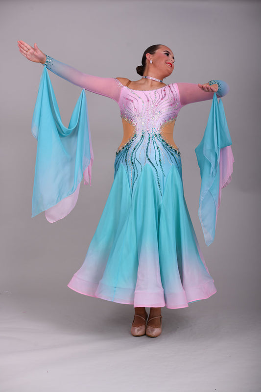01130 Light Aqua & Baby Pink Ombre Competition Ballroom Dance Dress. Stone with AB & Fuschia. Detachable floats