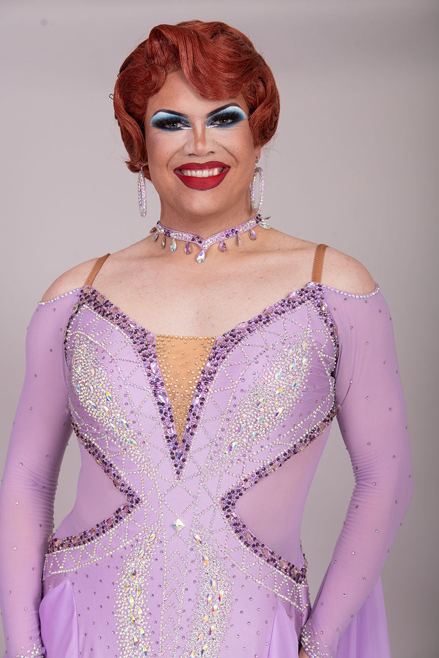 32B Lilac Competition Ballroom/Sequence Dance Dress. Detachable Floats. Detailed stone pattern in AB, Amethyst, Amethyst AB & purple velvet.  High Back to give option of wearing own bra