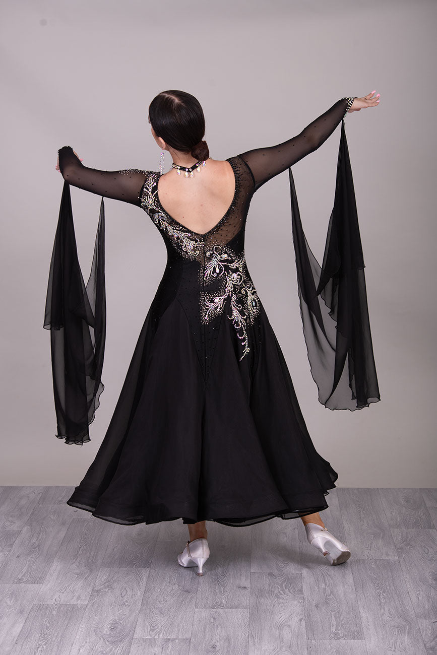 42B TWD PETITE Black Competition Ballroom/Sequence Dress. Striking Motif & Stone Design all over. 
Heavily Stoned in AB & jet❤️Showroom Appointments Available❤️
