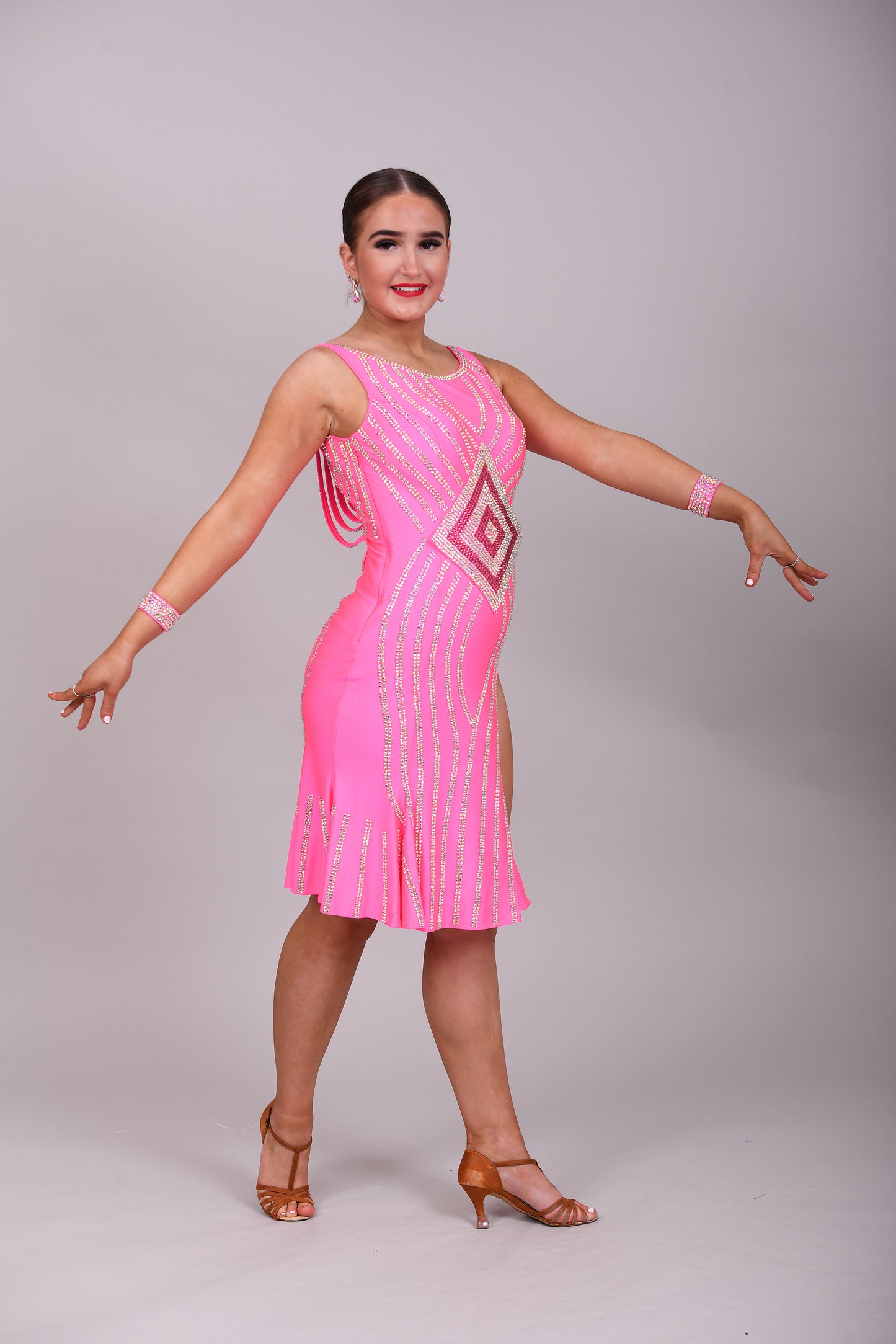 172 Flo Pink Latin dress with split detail to one side. Decorated in Rose & AB