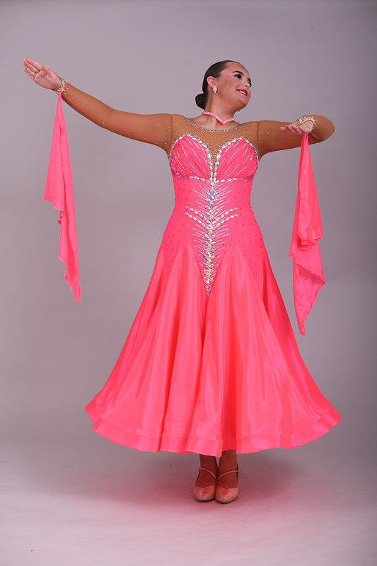 004 Coral Competition Ballroom Dance Dress. Heavily stoned in AB, pink AB & Golden Shadow. Strapping detail to the back. Comes with detachable floats.