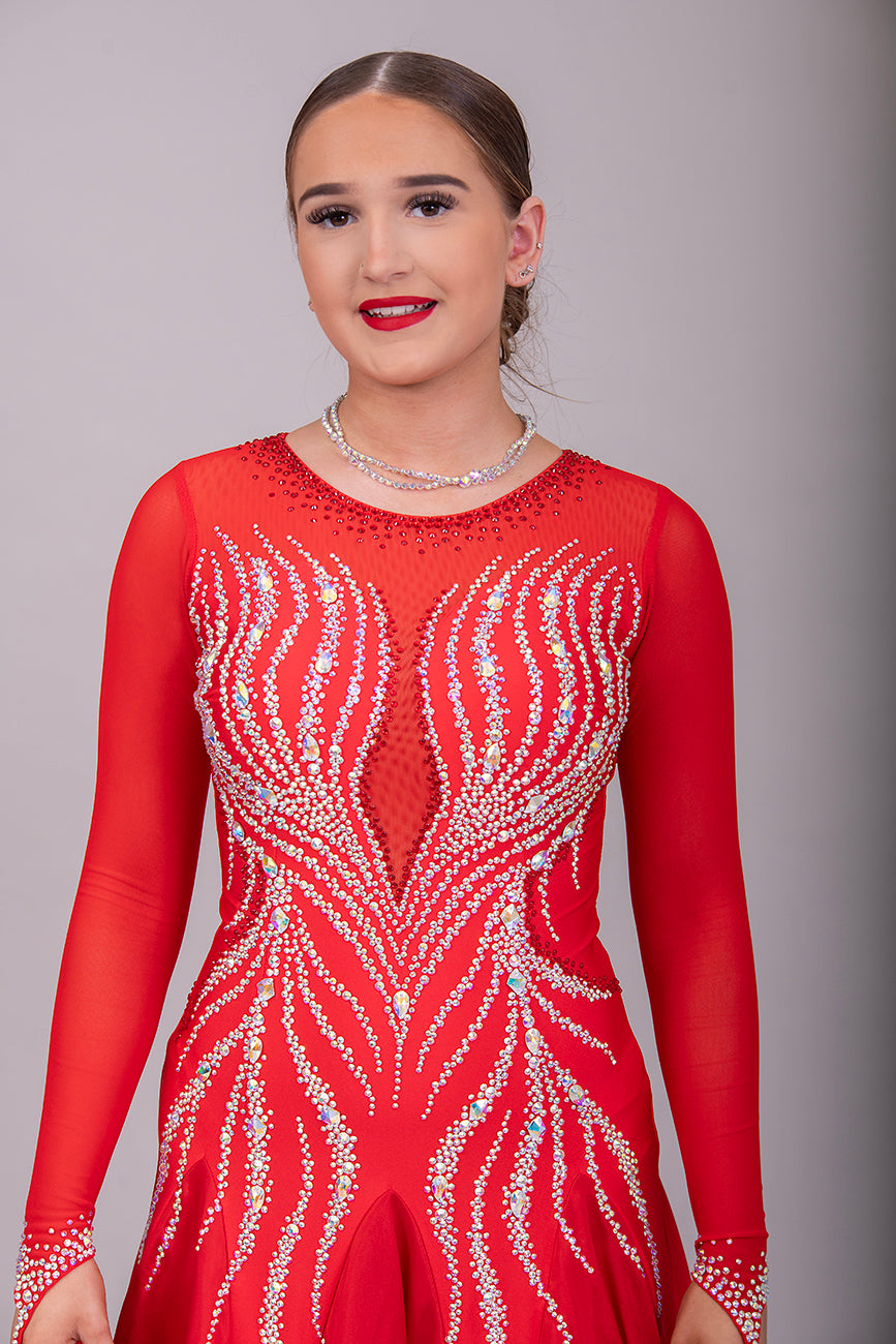 03B Red Ballroom/Sequence Competition Dance Dress. Heavily stoned in AB with Light Siam. Comes with detachable floats.