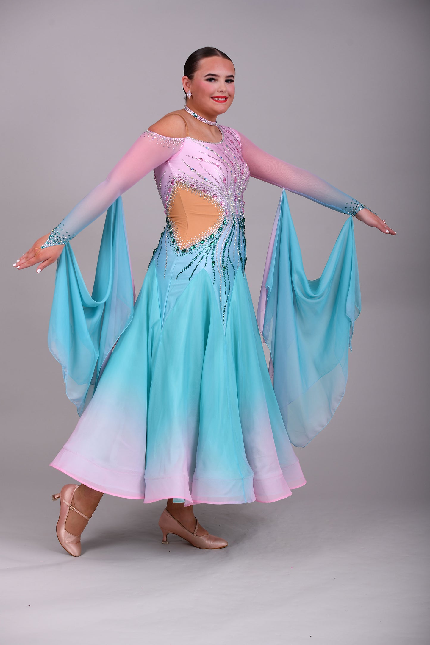01130 Light Aqua & Baby Pink Ombre Competition Ballroom Dance Dress. Stone with AB & Fuschia. Detachable floats