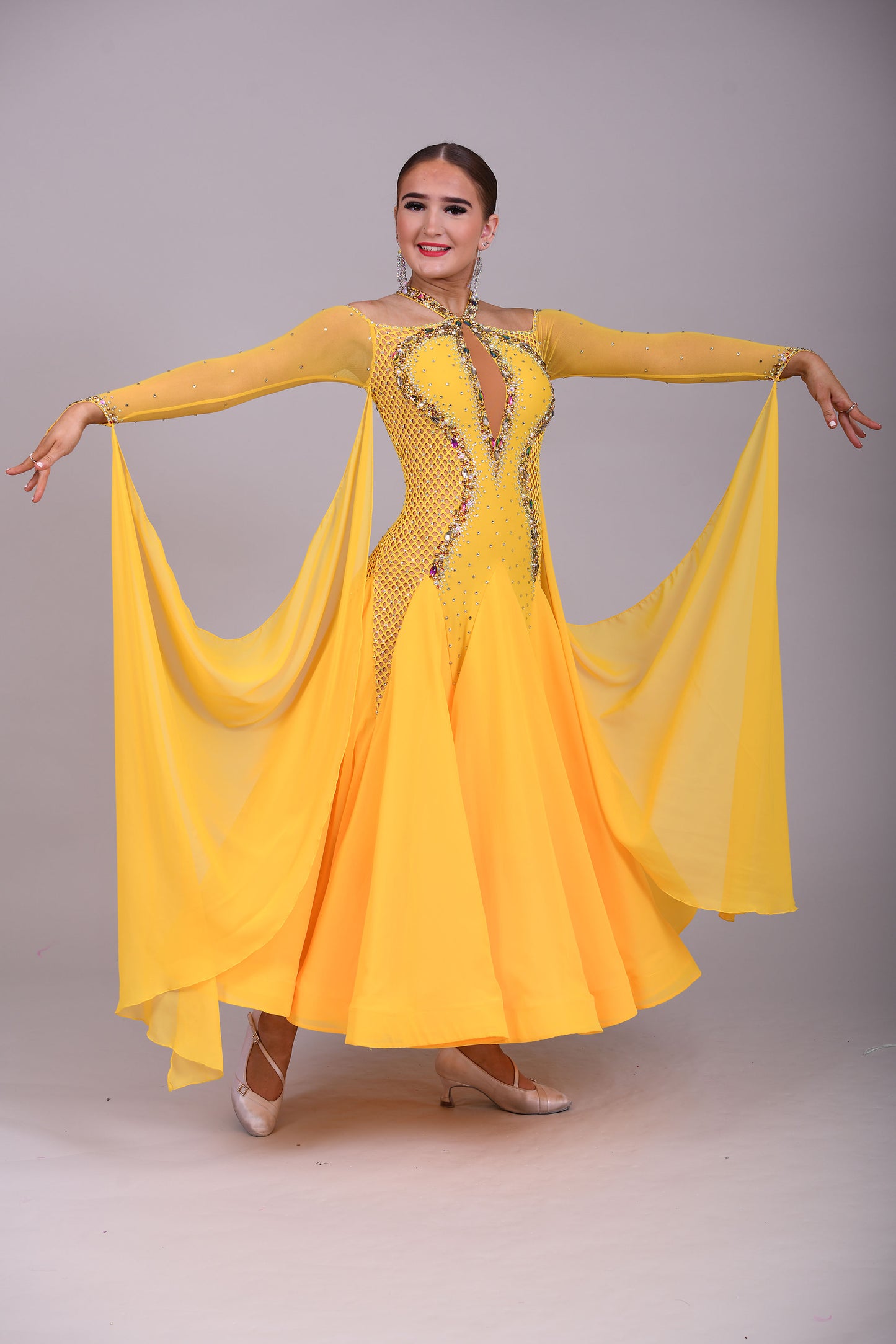 223 Yellow Fishnet Panel Dress halter neck style Ballroom Dress. Cold shoulder sleeves with high back.