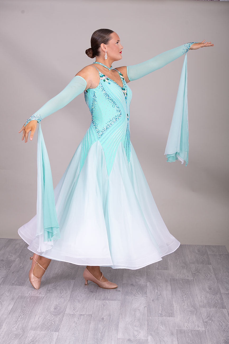 27B Aqua & White Ombre Competition Ballroom/Sequence Dance Dress. Pearls & Stones create this stunning pattern.