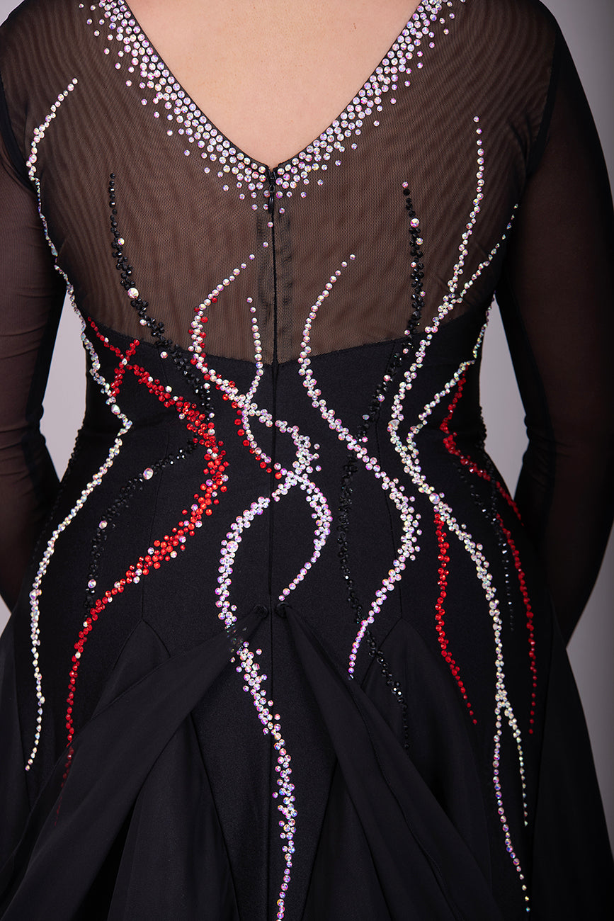 09B Black Ballroom/Sequence Competition Dance Dress. Stoned in Black, AB & Siam. Flesh Lycra under black mesh to Back & upper chest to allow option of wearing own Bra