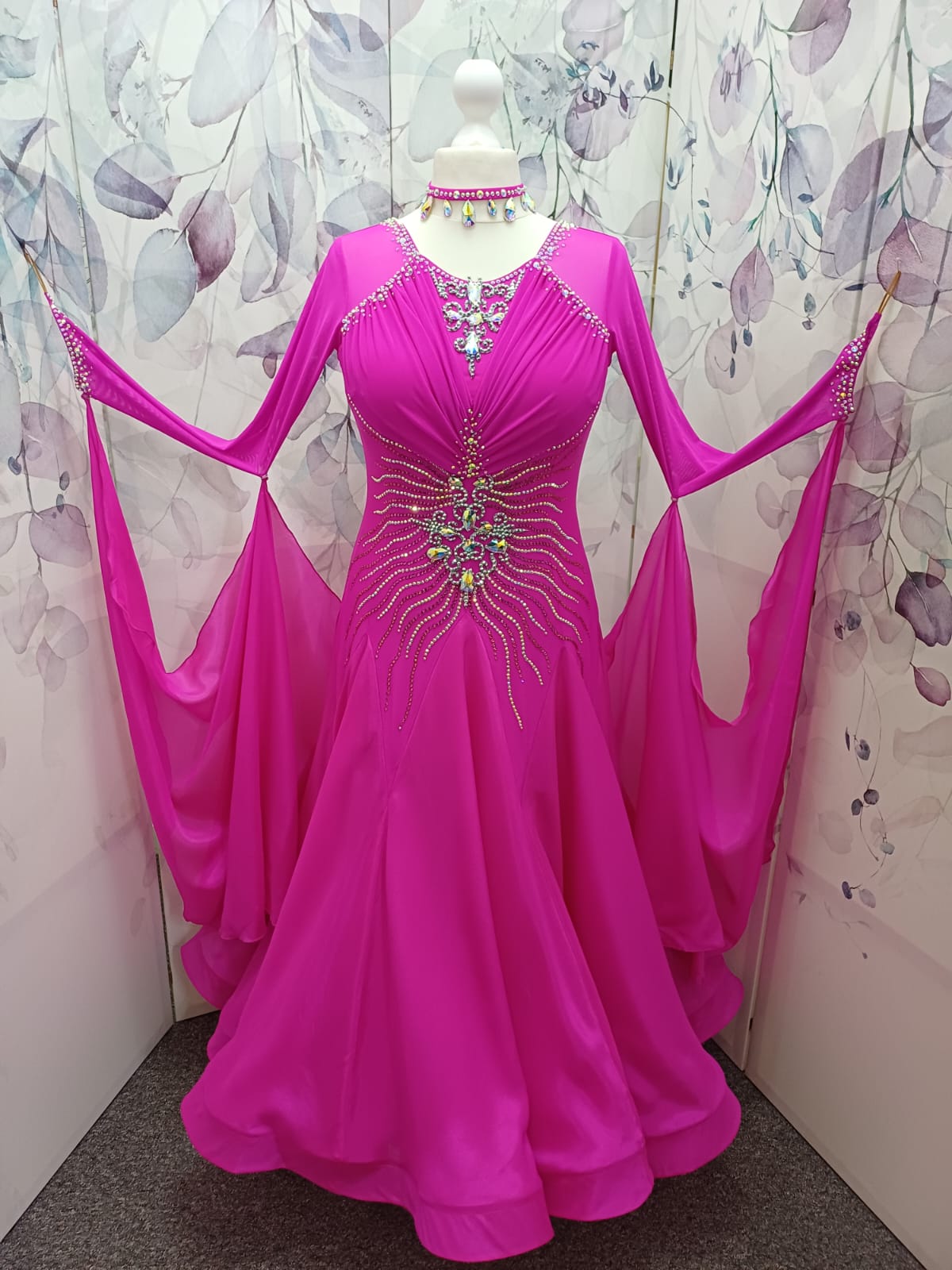 65B Cerise Competition Ballroom Dance Dress. Mesh overlay to the bust with flattering waist design. High back with option to wear own bra  detachable Floats. Stoned in Rose & AB. ❤️Showroom Appointments Available❤️
