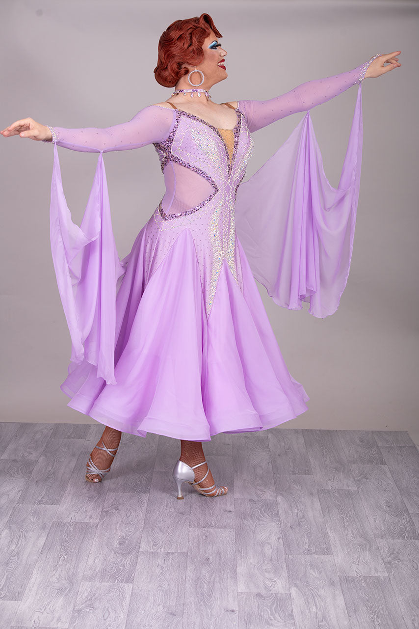32B Lilac Competition Ballroom/Sequence Dance Dress. Detachable Floats. Detailed stone pattern in AB, Amethyst, Amethyst AB & purple velvet.  High Back to give option of wearing own bra
