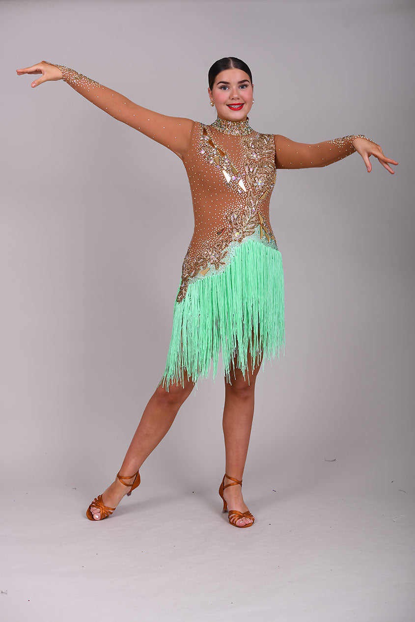 190 Tan mesh & mint Green High back Latin dress. Decorated with gold mirrors & AB stones.