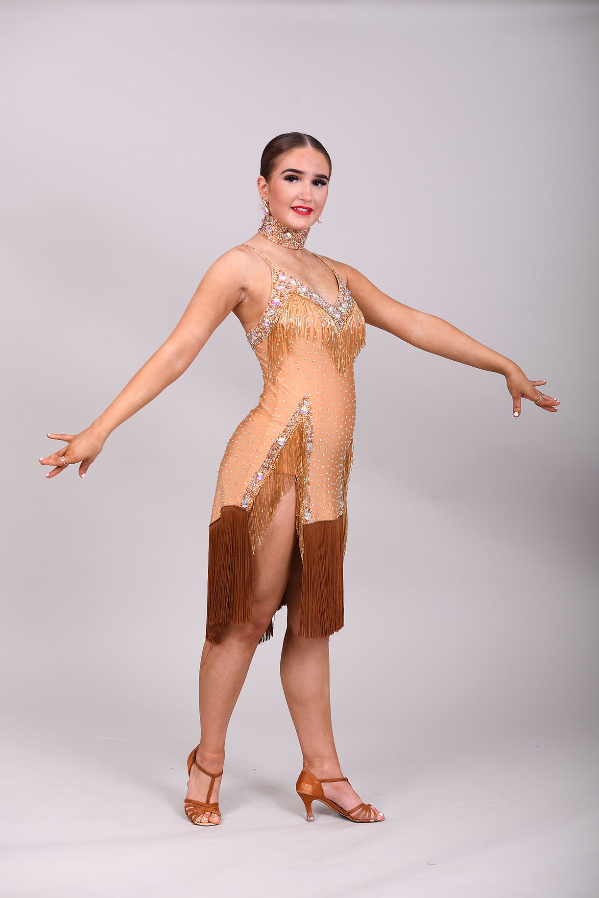 049 Light Gold & Chocolate Fringed Latin Dress. Bugle beading detail to the chest & hips. Stoned in Aurum, smoked topaz & sunshine.