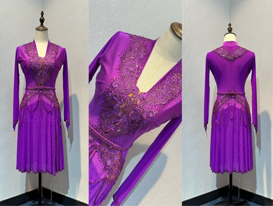 59L Hot Magenta Competition Latin Dance Dress.small split to front left. Very full skirt for maximum movement. High back to allow own bra option. Stunning stoned appliqués Strappy design waist/hip. Stoned in Fuschia & light Rose ❤️Showroom Appointments❤️