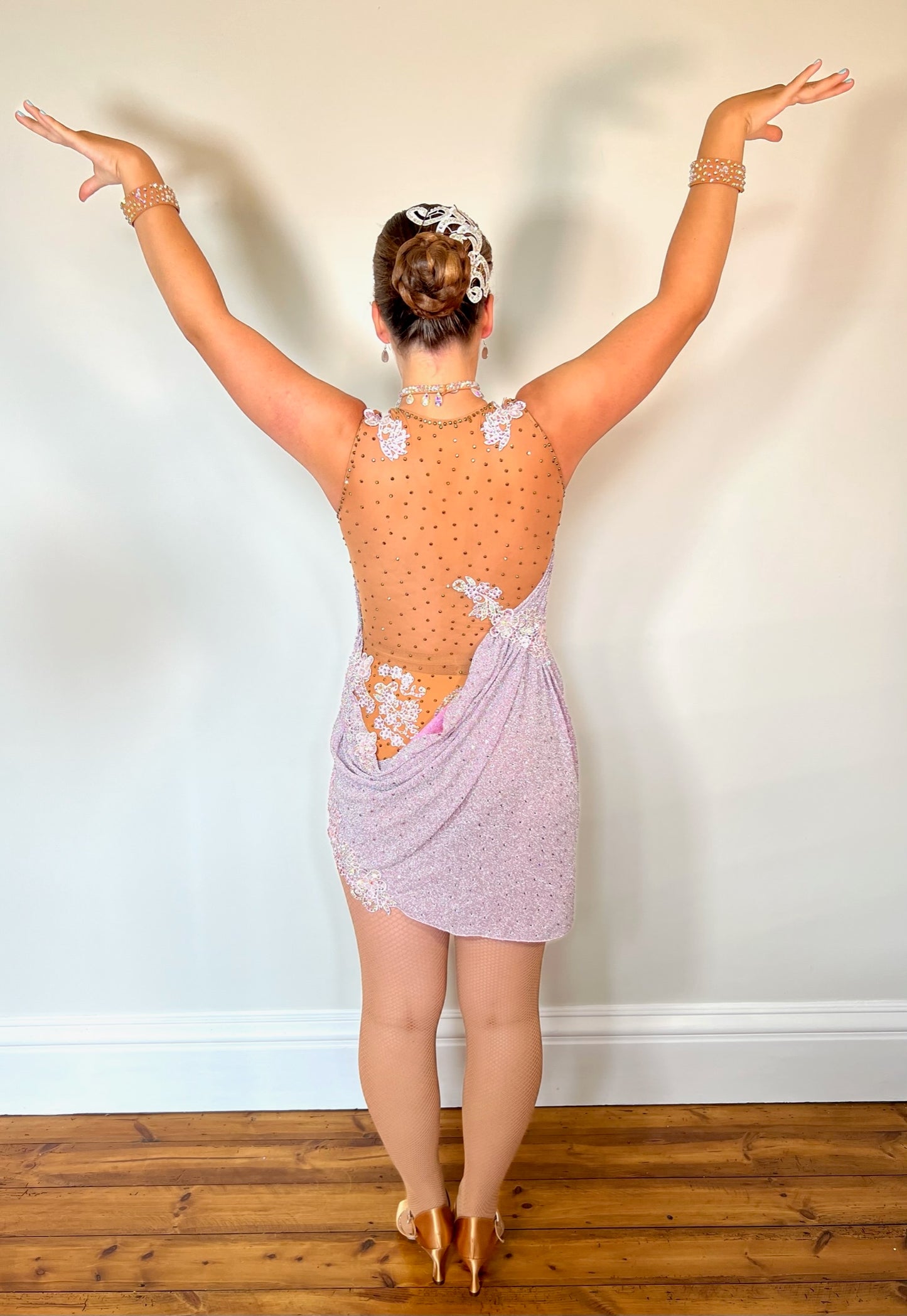 342 Lilac Heavily decorated Latin Dress. Decorated with lilac flowers with full back. Front fastening (no crotch poppers). Decorated with lilac & AB stones