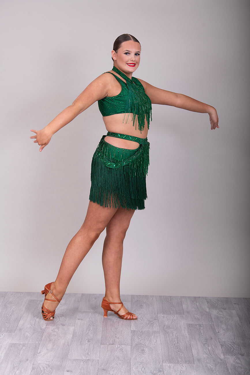 (BUDGET)7 Emerald Latin Competition Dance Dress. stoned in Emerald. droppers to chest & waist with fringe skirts.                                           *****Our New Budget Range are Bought in ready made Costumes, with some detail added by TWDance*****