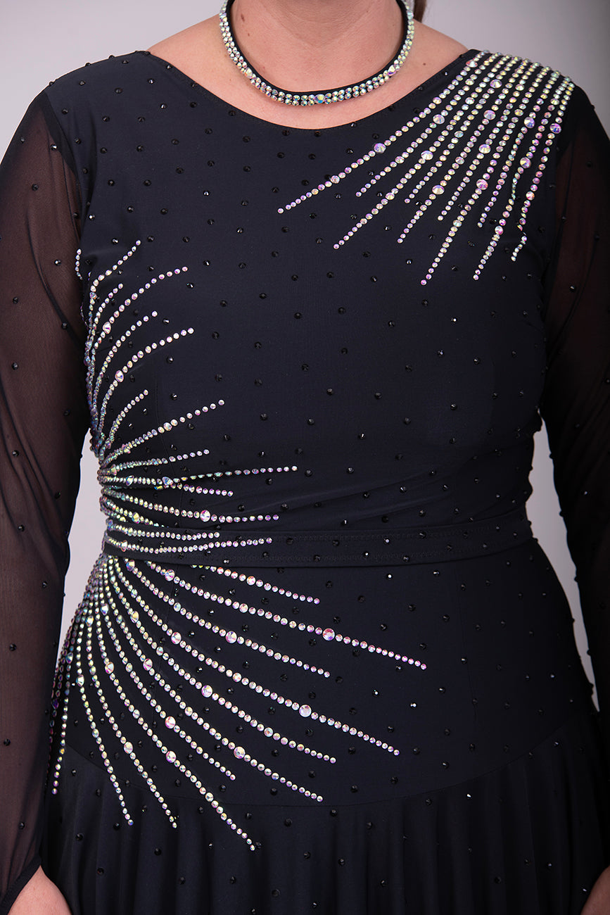 199 Flattering Black Latin Dance Dress. Super Stretchy. Stoned in AB starburst design with handkerchief hem skirt. High back giving option for wearing own bra.