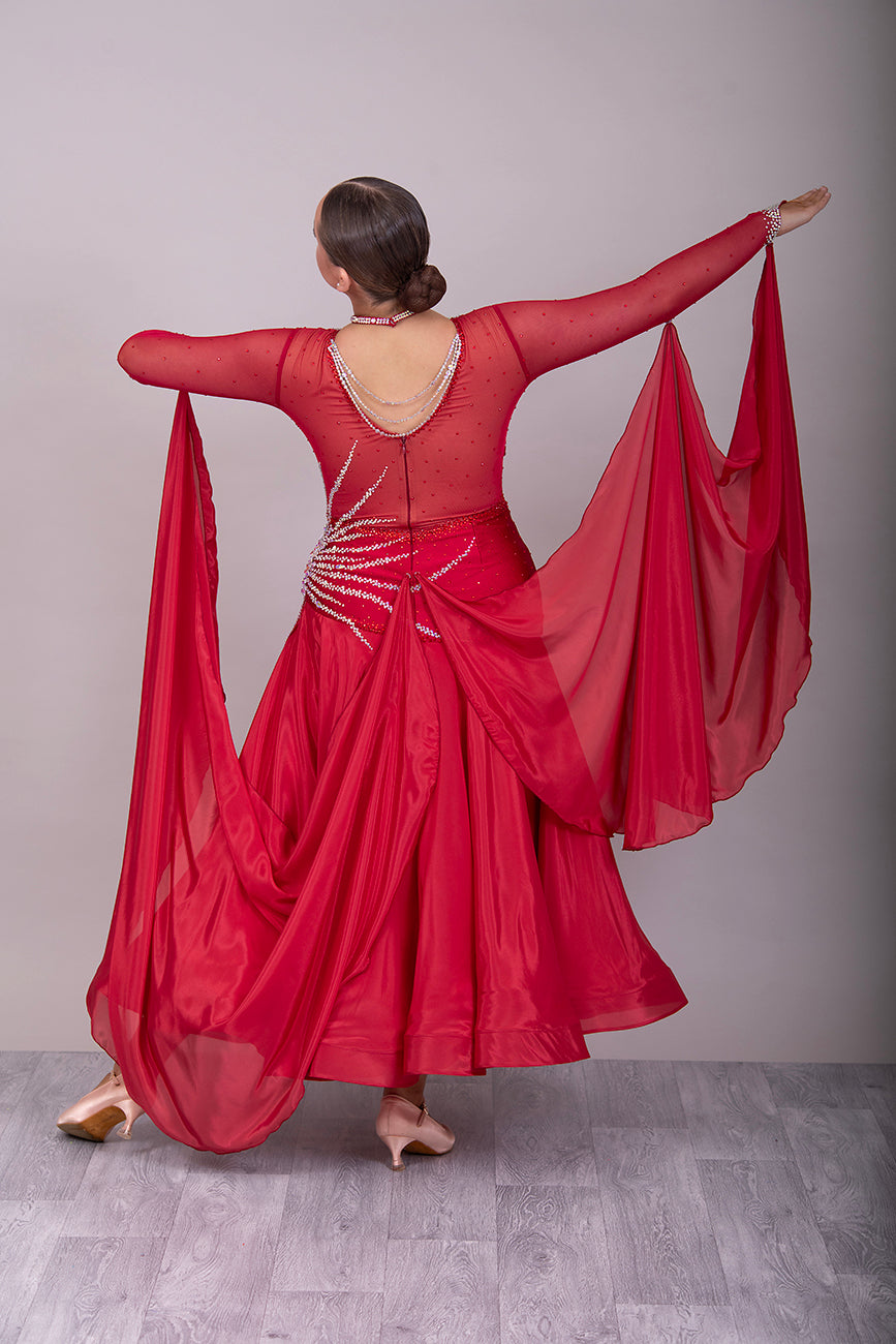 099 Wine Competition Ballroom Dance Dress heavily decorated with Dark Siam & AB stones. Hanging stoned strap detailing to the right upper chest.  High back giving option to wear own Bra.