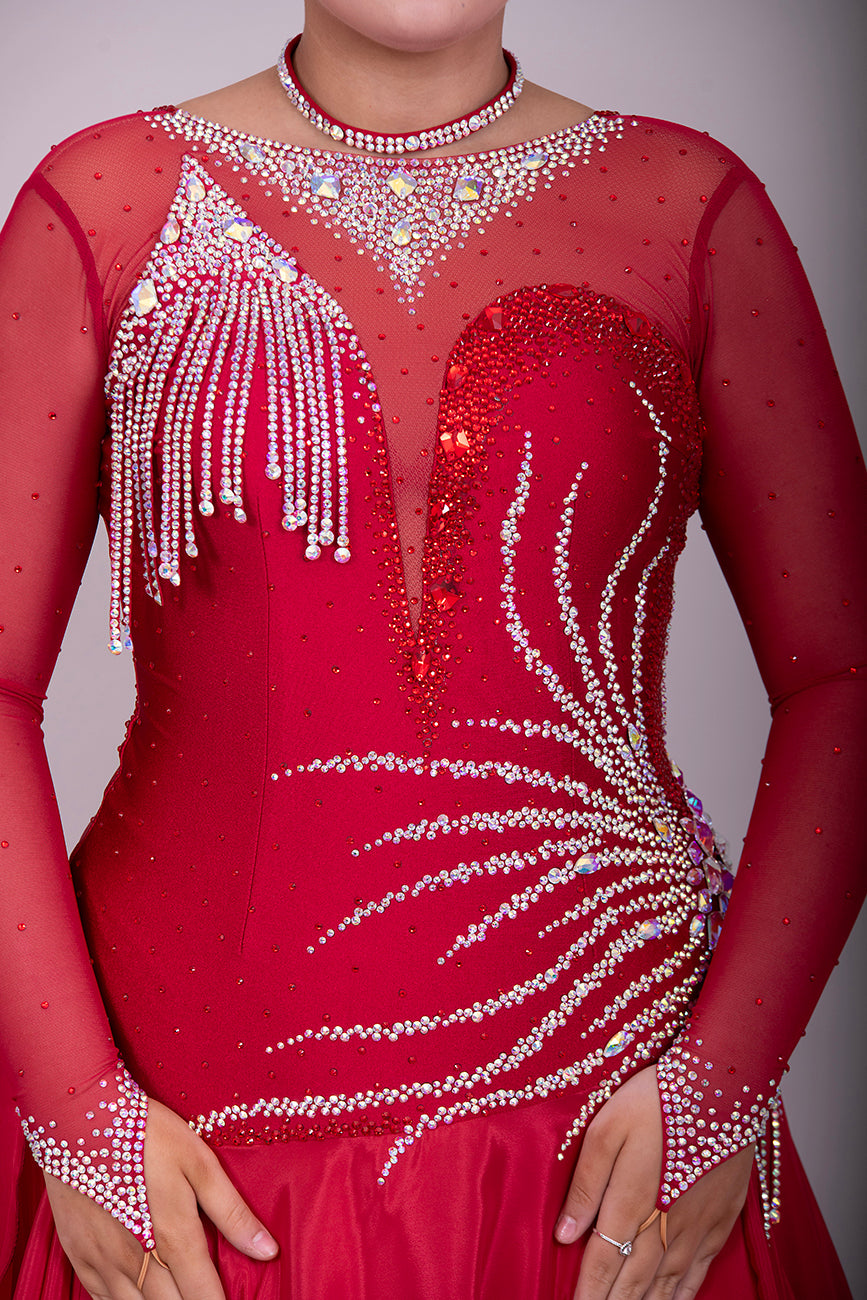 099 Wine Competition Ballroom Dance Dress heavily decorated with Dark Siam & AB stones. Hanging stoned strap detailing to the right upper chest.  High back giving option to wear own Bra.