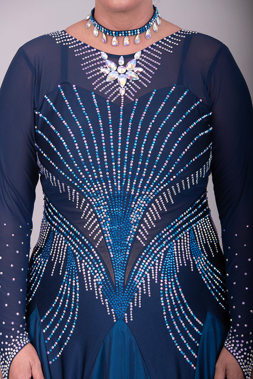 263 Midnight Blue Ballroom Dance  Dress. Heavily stoned in AB, Capri Blue AB & Capri Blue. Detachable floats