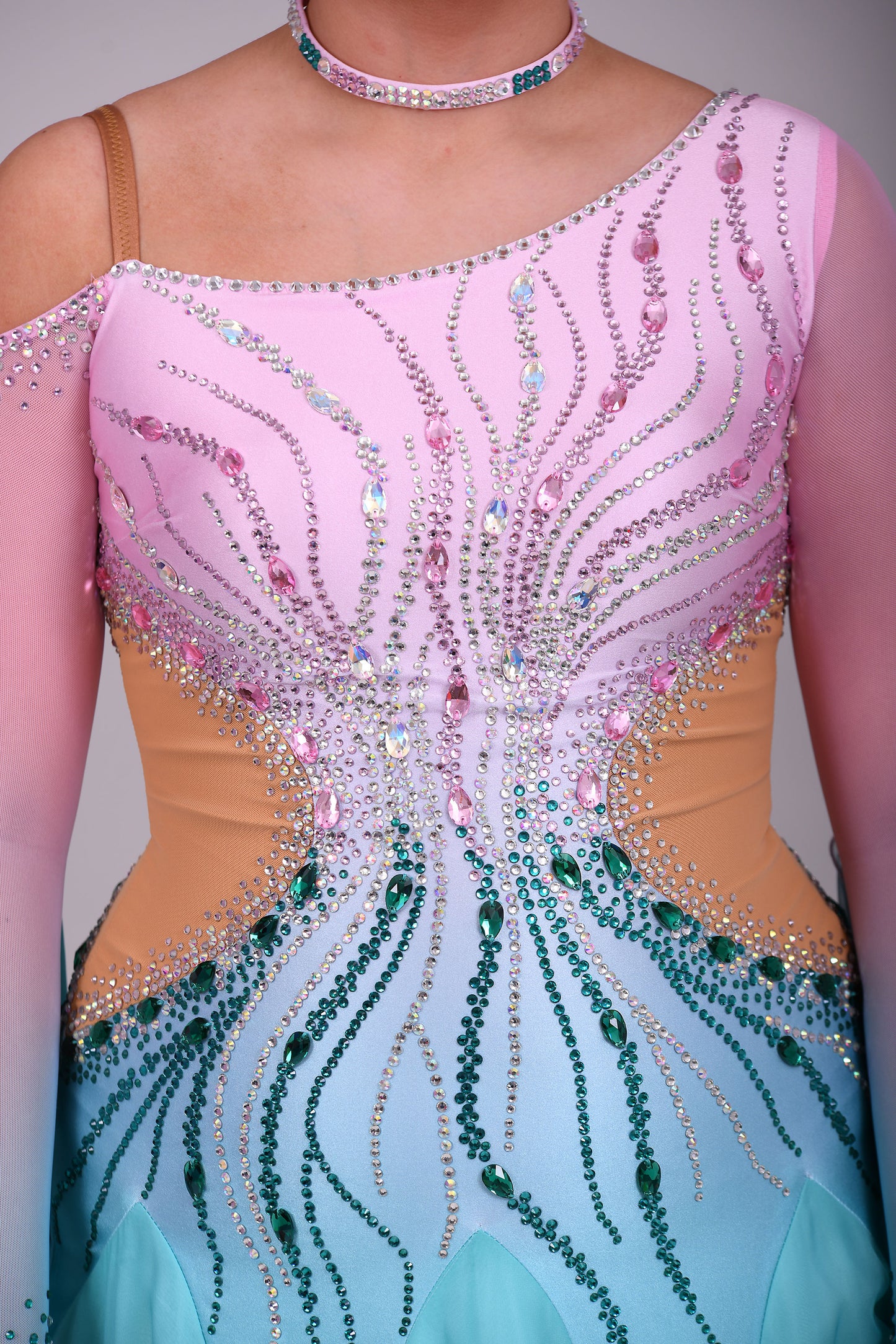 01130 Light Aqua & Baby Pink Ombre Competition Ballroom Dance Dress. Stone with AB & Fuschia. Detachable floats