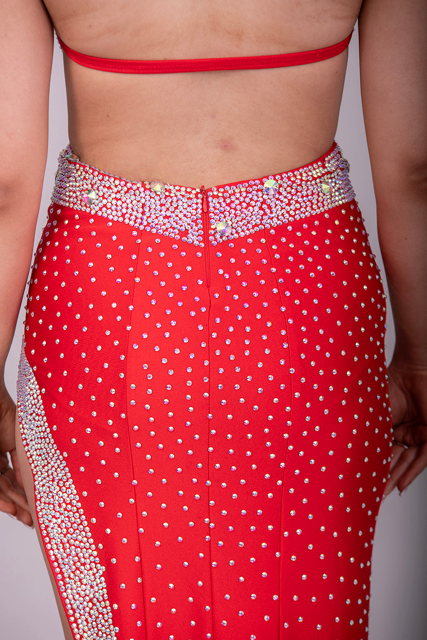 025 Red Trio - Latin Dress with Red Motif & AB stones. Ballroom Skirt with x4 arm floats and AB stoned belt
