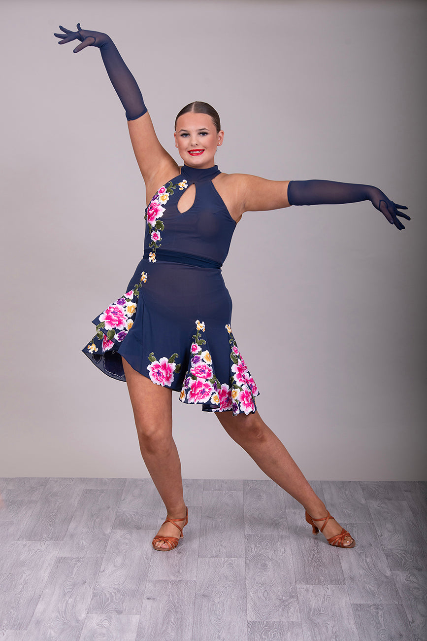 143 Navy blue fine mesh Latin dress with multi coloured Embroidered Floral Appliqués. Keyhole halter neck detail. Unstoned