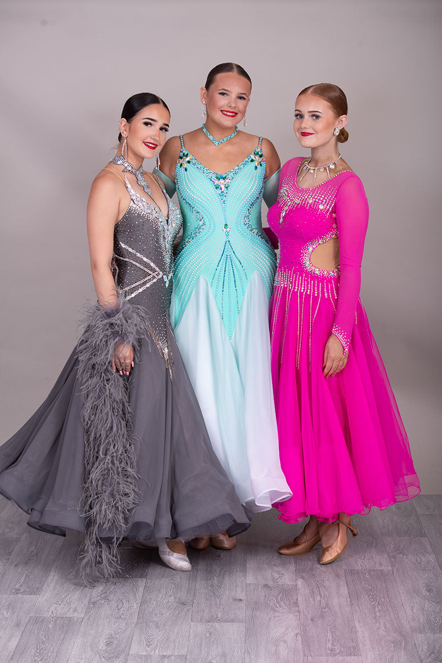 27B Aqua & White Ombre Competition Ballroom/Sequence Dance Dress. Pearls & Stones create this stunning pattern.