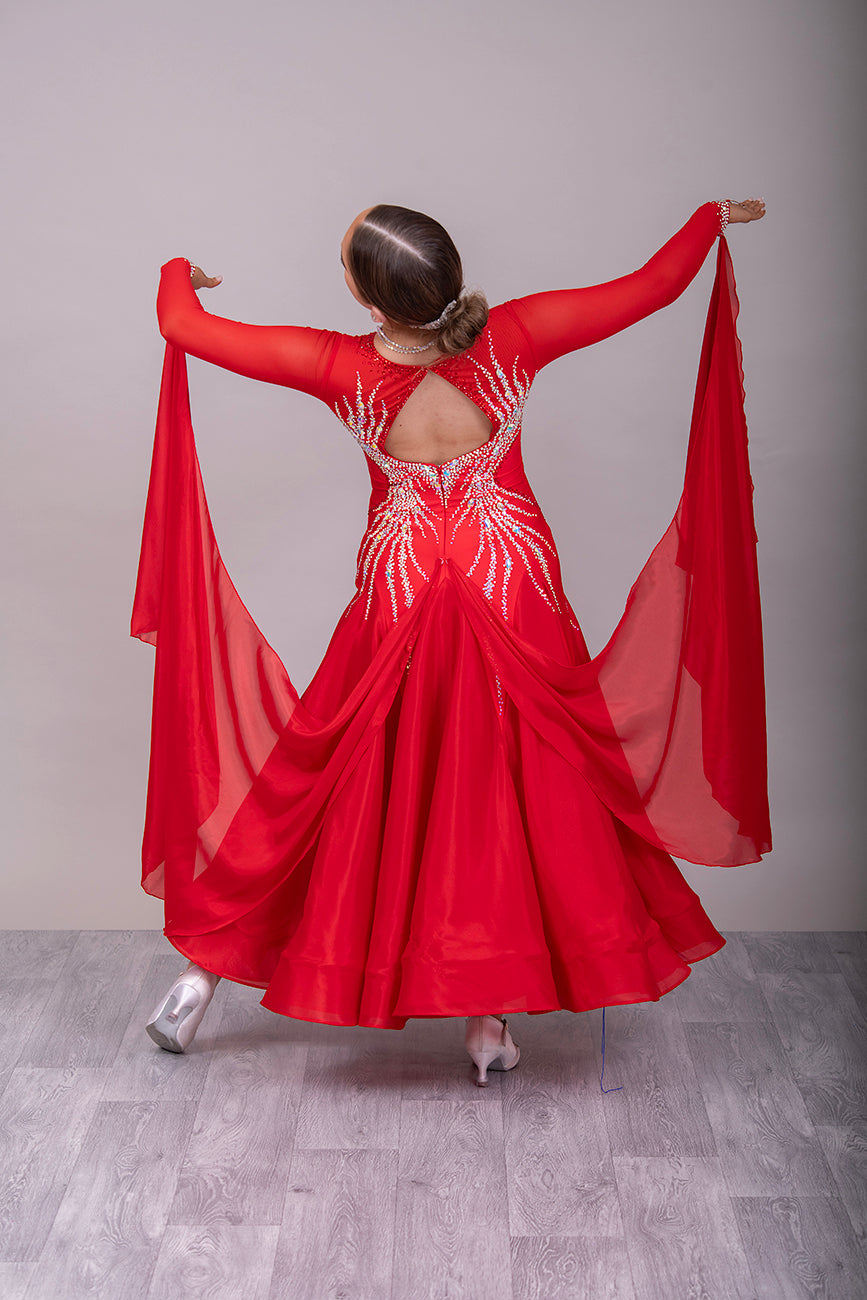 03B Red Ballroom/Sequence Competition Dance Dress. Heavily stoned in AB with Light Siam. Comes with detachable floats.