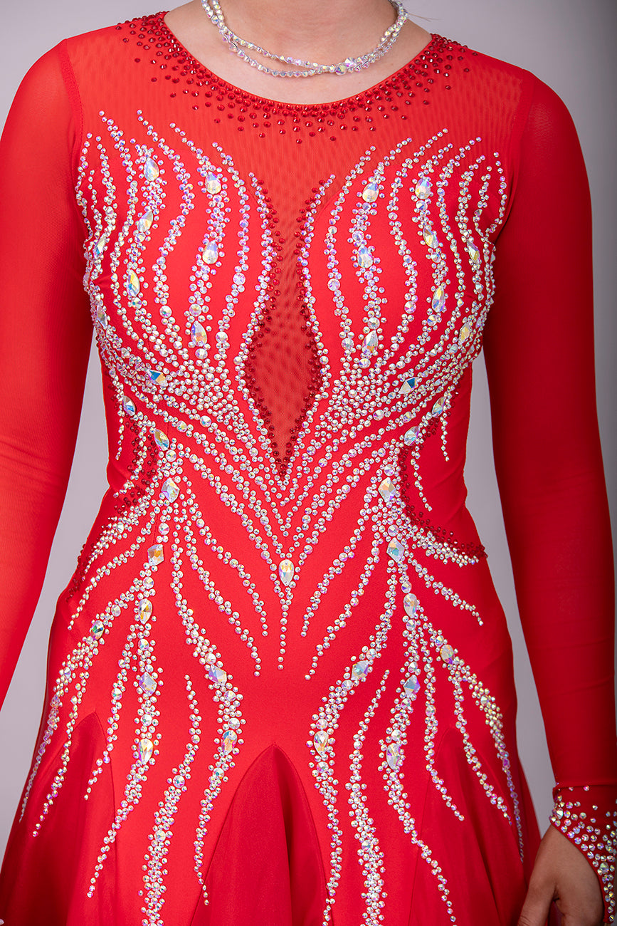 03B Red Ballroom/Sequence Competition Dance Dress. Heavily stoned in AB with Light Siam. Comes with detachable floats.